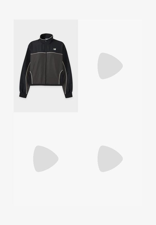 Chaqueta deportiva negra y gris oscuro con cremallera, detalles en blanco y puños elásticos, con un pequeño logo de New Balance en el pecho.; Polo negro de manga larga con textura acanalada, tapeta de tres botones y detalle de cuello blanco en contraste. Logo bordado en el pecho.; Leggings grises con una textura suave, cintura alta elástica y detalles de rayas negras en la parte inferior de las piernas.; Zapatilla blanca de caña baja con laterales perforados, suela translúcida, cordones y un logotipo de cocodrilo negro de Lacoste en el lateral exterior.