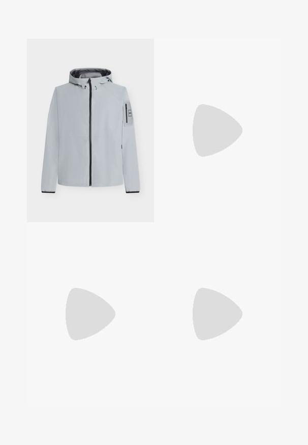 Lysegrå hættejakke med sort lynlås, lange ærmer og lille lynlåslomme på venstre arm med label.; Sort t-shirt med et stort, abstrakt lys grå grafik foran. Korte ærmer og en klassisk rund halsudskæring. Materialet er bomuld.; Lyseblå straight-leg denim jeans med frontknap, lynlås og fem-lomme design på hvid baggrund.; Hvide lædersneakers med en chunky platformsål, rund tå og seks snørehuller. Glat tekstur med subtile syninger.