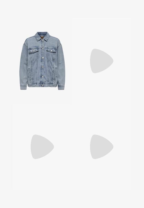 Lysblå denimjakke med krave, to brystlommer med klap, frontlukning med knapper og diskret falmning over det hele.; Enkelt hvid kortærmet bomulds t-shirt vist bagfra mod en lys grå baggrund.; Høj talje, straight-leg, mørkeblå denim-jeans med forlommer og kobberknaplukning på hvid baggrund.; Hvide sneakers med en tekstureret finish, snørelukning, rundet tå og branding på siden. Indeholder diskrete syninger og en gummisål.