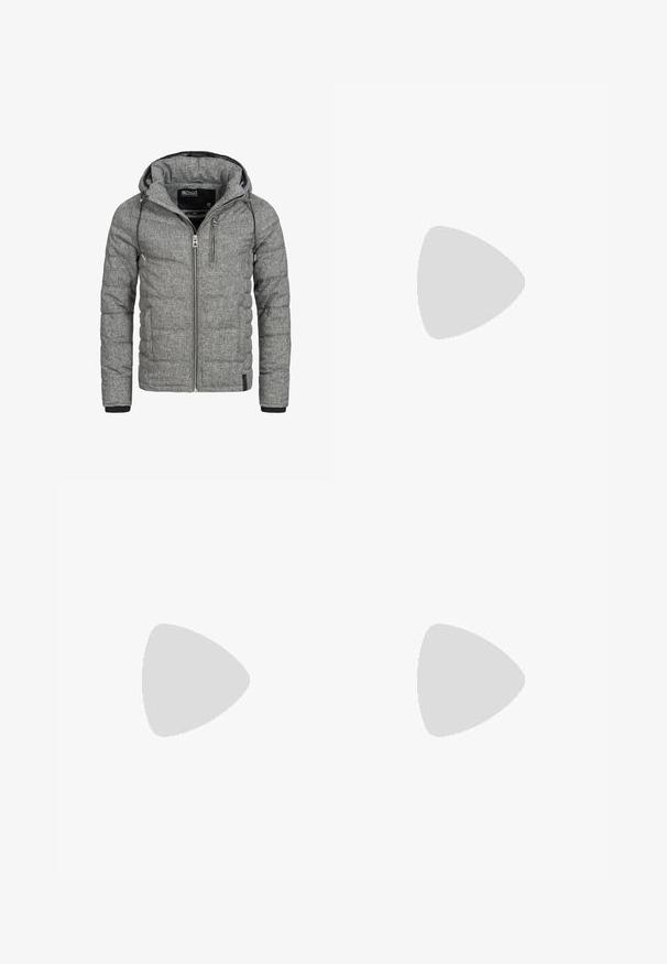 Grå polstret jakke med en struktureret finish, lynlåslukning, hætte og to lommer med lynlås. Har elastiske manchetter og justerbar snor.; Herre T-shirt med en mørkegrå øverste sektion, vandrette sort og hvide striber i midten og en ensfarvet hvid nederste sektion. Indeholder en lomme.; Grå denim jeans med slim fit, der har fem lommer, en knaplukning og diskrete syninger. Blød tekstur og enkelt design.; Marineblå sports-sneakers med rød foring, hvid sål, mesh-overdel, snørelukning og "Jack & Jones"-label på siden.