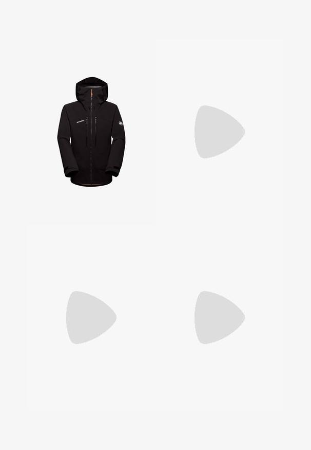 Mammut TAISS PRO HOODED - Veste imperméable - black; Chemise noire à manches longues avec col rond et manches raglan, présentée à plat sur un fond blanc.; Pantalons de jogging noirs en tissu doux, dotés d'une taille élastique avec cordon de serrage, poches cargo latérales et bords côtelés aux chevilles.; Baskets en cuir noir avec une silhouette basse, bout arrondi et semelle en caoutchouc texturée. Comprend cinq passants et une finition lisse.