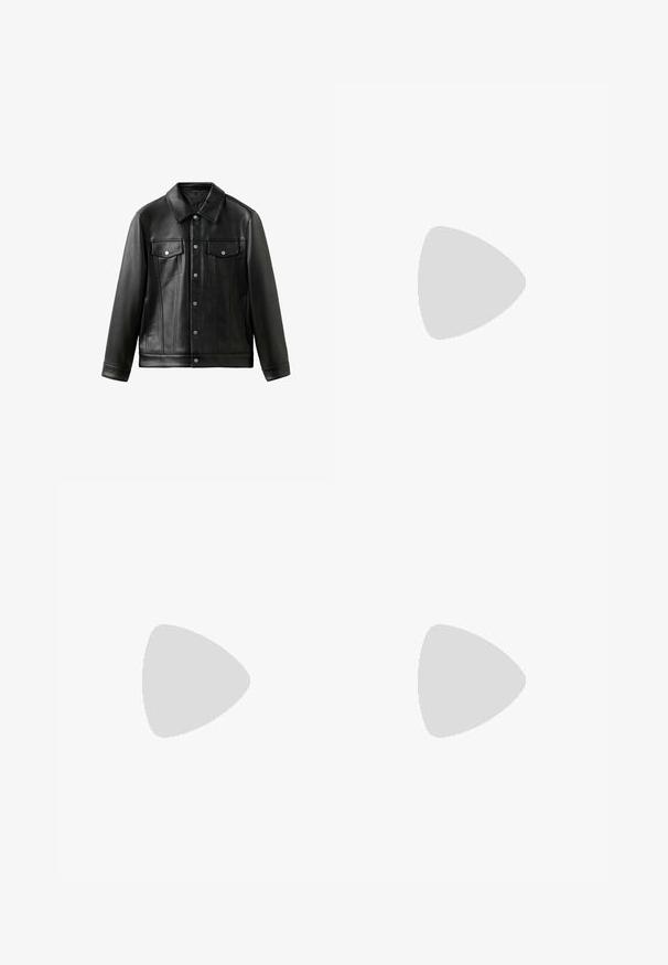 Veste en cuir noire avec col, boutons sur le devant et deux poches poitrine à rabat. Texture lisse et coupe ajustée.; Pull-over moitié zip marron foncé en tissu tricot côtelé, avec un col montant et des manches longues terminées par un ourlet droit.; Pantalon noir à jambe droite avec bouton frontal, fermeture éclair et poches latérales, présenté sur un fond blanc.; Mocassin en cuir noir avec une semelle en caoutchouc épaisse et un détail classique de bride à monnaie, vu de côté extérieur.