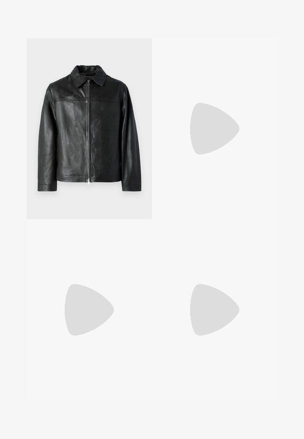 Veste en cuir noir avec un col, fermeture éclair à l'avant et texture lisse. Présente des coutures d'épaule horizontales et des manches longues.; Polo noir à manches longues avec un motif en zigzag texturé, une patte à deux boutons et une poche sur la poitrine gauche. Confectionné dans un matériau doux.; Pantalons noirs en tissu tissé, avec un design à jambes droites, deux poches latérales, une fermeture éclair à l'avant et un détail de boucle à l'extérieur.; Chaussures derby en cuir noir avec une texture lisse, bout rond, design à lacets et une semelle en caoutchouc épaisse et robuste.