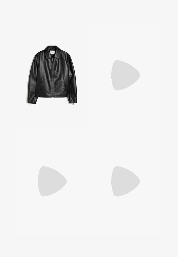 Schwarze Lederjacke mit Kragen, Frontreißverschluss und zwei vertikalen Seitentaschen, flach auf weißem Hintergrund liegend.; Ärmelloses weißes Baumwolltop mit rundem Ausschnitt und leicht gepolsterten Schultern, flach auf einem weißen Hintergrund liegend.; Schwarze Jeans aus Denim mit geradem Schnitt, Fünf-Taschen-Design, Kupferhardware-Akzenten und einem robusten Bund. Glatte Textur, schlichte Stil.; Schwarze Lederloafer mit runder Zehenform, ausgestattet mit einem gesteppten Design, niedrigem Plattformsohle und einer strukturierten, genoppten Gummisohle.
