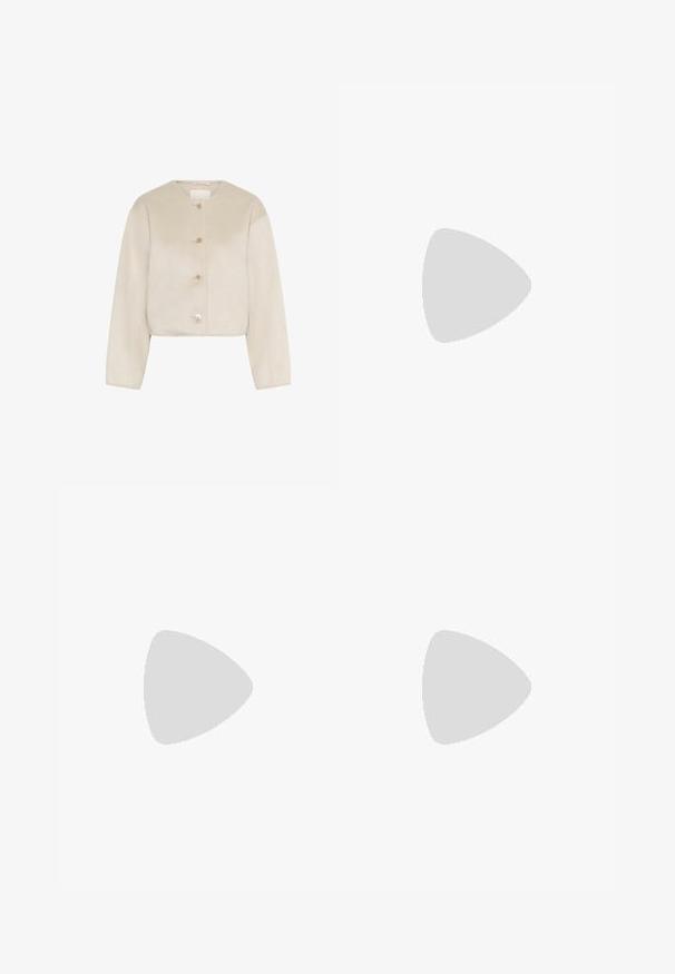 Chaquetón beige recortado hecho de una tela suave, con cuello redondo, mangas largas y seis botones frontales con una textura lisa.; Suéter de punto color crema con cuello redondo, hombros caídos y mangas largas. Presenta puños de canalé y un dobladillo recto.; Pantalones de pierna ancha en tela color blanco roto, con una textura suave, dos bolsillos traseros y una cintura ajustada.; Zapatillas con parte superior en crema, acentos de ante beige y suela de goma texturizada. Presenta un audaz logo 'V' y diseño con cordones.