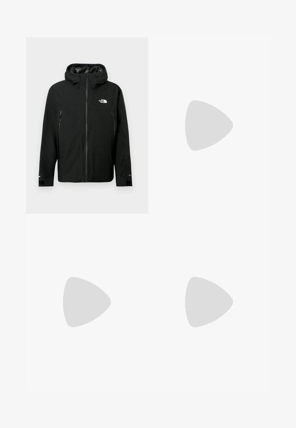 Veste à capuche noire avec fermeture éclair sur le devant, deux poches latérales zippées, poignets réglables et un logo sur la poitrine. Texture lisse et matériau imperméable.; Pull bleu à manches longues avec fermeture éclair jusqu'au quart, col montant et petit logo blanc The North Face sur le côté gauche de la poitrine.; Pantalons en polaire violette avec des accents noirs sur les côtés, dotés de poches zippées et d'un logo brodé. Taille élastique pour un maintien sécurisé.; Chaussure noire à enfiler avec un design matelassé, fabriquée en matériau rembourré. Elle présente une semelle en caoutchouc texturée et une petite languette à l'arrière.