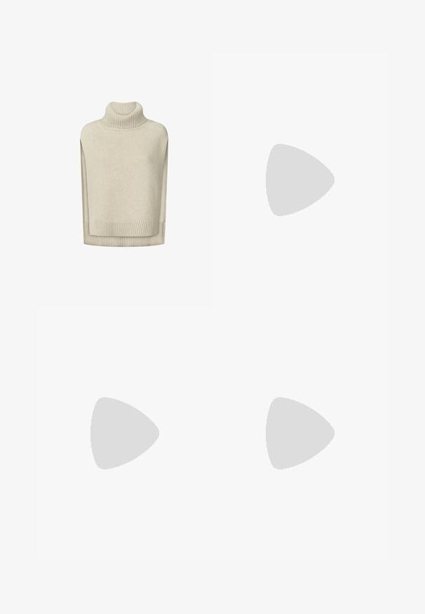 Pull sans manches à col roulé en tricot beige avec col, ourlet et fentes latérales côtelés, conçu pour être superposé.; Top noir sans manches à col licou avec fines bretelles nouées derrière le cou, ajusté au niveau du torse, présenté sur un fond clair uni.; Jeans à jambes larges en denim vert clair avec des bandes latérales noires. Conception à cinq poches avec une quincaillerie métallique et une fermeture à bouton à la taille.; Mocassins en imprimé vache faits d'un matériau doux avec un motif marron et blanc, dotés d'un design à enfiler et d'une semelle plate en caoutchouc.