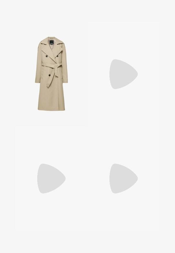 Trench-coat beige croisé à ceinture à la taille, larges revers, pattes d'épaule boutonnées et poches avant.; T-shirt blanc uni à manches courtes et col rond, avec un ourlet droit, présenté sur un fond blanc.; Jean en denim bleu clair avec une coupe droite, style cinq poches et des détails de couture visibles. Le tissu a une texture douce et légèrement décolorée.; Chaussure plate blanche avec un extérieur en cuir lisse, bout rond, profil bas et semelle rose subtile. Design minimaliste, sans embellissements visibles.