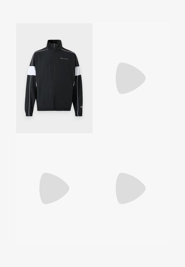 Veste de sport noire avec panneaux latéraux blancs, fermeture éclair, col montant, poignets élastiques et logo Champion sur la poitrine. Matériau léger.; Haut à manches longues, de couleur bleu marine foncé, avec un col à demi-zip. Présente des motifs en relief texturé le long des épaules et des manches, avec une silhouette ajustée.; Shorts de sport noirs avec une texture lisse, une taille élastique et deux poches latérales. Présente un petit logo sur le bas à droite.; Baskets de sport noires au design épuré, avec un logo Nike blanc bien en vue, des surcouches texturées et une semelle moulée distincte.