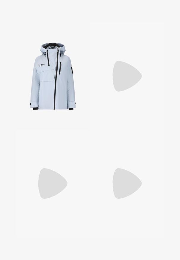 Lysblå vandtæt jakke med hætte, frontlynlås, stor klaplommer og justerbare manchetter; sorte accenter på lynlåse og branding.; Pullover sweatshirt med en sort overdel og en cremefarvet underdel. Tekstureret stof med en funnel neck og snørelukning. To forlommer.; Lavendelfarvede skibukser lavet af slidstærkt stof, med to frontlommer, sorte accenter på de nederste ben og en skræddersyet pasform med struktureret design.; Sort vinterstøvle med en snug top, snørelukning og en hævet sål med "BOGNER"-logoet på kanten.