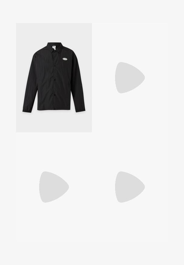 Veste noire légère à boutons avec manches longues, col et petit logo blanc "Nike SB" sur la poitrine gauche.; T-shirt gris à manches courtes avec le logo "OAKLEY" et un petit graphisme rouge centré sur la poitrine, présenté sur un fond blanc uni.; Pantalons droits pour hommes avec motif camouflage pixellisé vert et beige, poches avant, présentés sur un fond clair.; Des chaussures de sport noires avec une surface texturée, des accents lisses et une semelle épaisse, accompagnées de pantalons cargo larges et foncés.