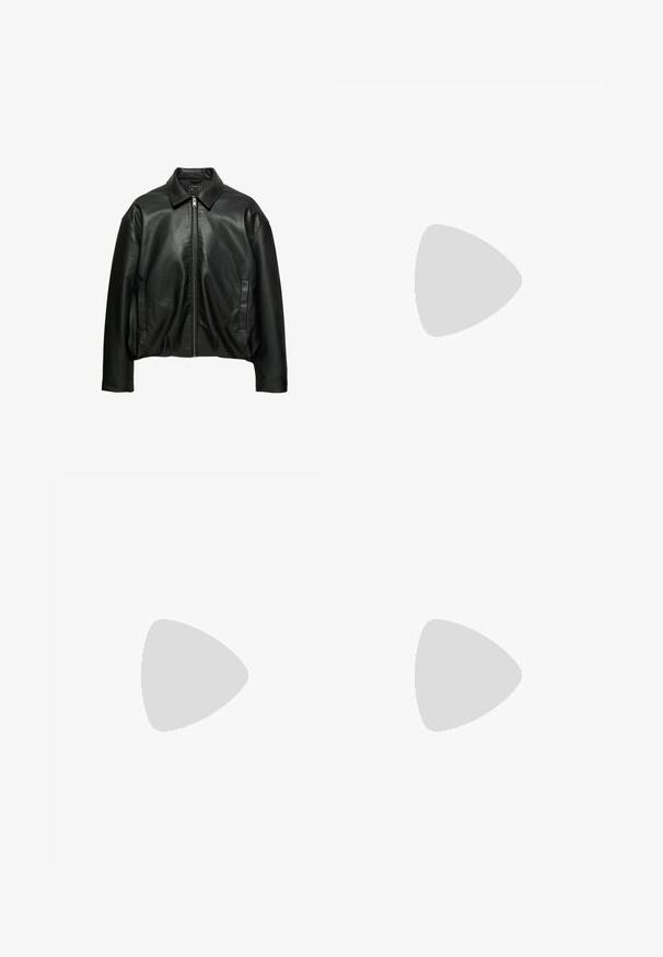 Veste en cuir noire avec col, fermeture éclair à l'avant, manches longues et deux poches latérales verticales, présentée sur fond blanc.; Sweat-shirt noir à manches longues en coton doux. Dispose d'un col rond, de poignets côtelés, et d'une coupe ample avec un design minimaliste.; Pantalon noir à jambes larges avec plis, passants pour ceinture et fermeture par bouton à la taille.; Chaussure en cuir noir poli à lacets, semelle en caoutchouc épaisse et talon bas, texte de marque "SAMSOE" sur le côté et languette arrière.