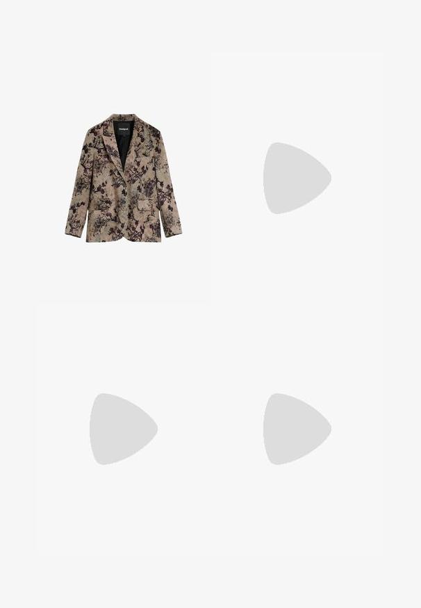 Beige dameblazer med mørkelilla blomsterprint, to forreste knapper, reverskrave og forlommer med klapper fra Desigual.; Lyseblå denim korsett-top med brede stropper, lynlåslukning foran, lodrette sømdetaljer og en lige kant.; Asymmetrisk gennemsigtig omslagsnederdel med blå, grøn og beige gradientmønster, fastgjort med et dekorativt perlebælte og rundt spænde.; Buffalo ASPHA MID - Sneakers high - blue