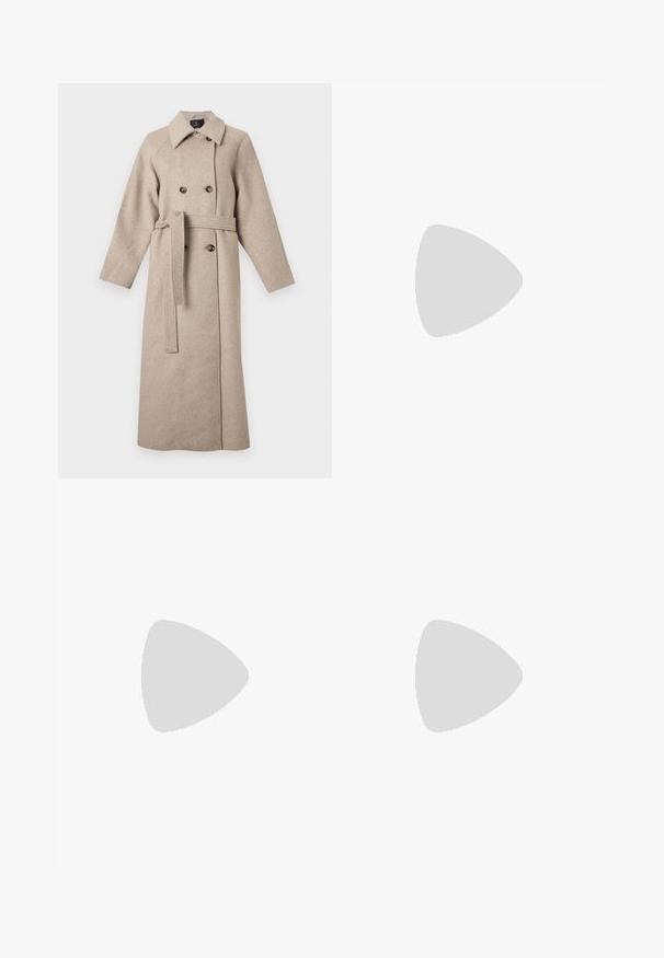 Long manteau en laine beige avec large col, boutons croisés et ceinture assortie nouée à la taille.; Pull en col roulé noir avec des manches longues, des poignets côtelés et un ourlet ajusté. Texture douce, design simple et couleur unie sans motifs.; Pantalon noir avec une coupe droite, texture lisse et fermeture à glissière dissimulée. Présente des plis pour un style supplémentaire et un look ajusté.; Mocassins en cuir noir avec un bout arrondi, des détails de couture surélevés et un talon bas empilé. Texture lisse avec un éclat subtil.