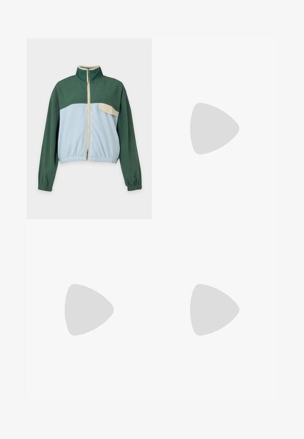 Groene en lichtblauwe fleecejas met een ritssluiting aan de voorkant, hoge kraag, elastische manchetten en een beige borstzakje met drukknop aan de linkerkant.; Korte witte geribbelde T-shirt met korte mouwen en een kleine groene bloemenafbeelding in het midden van de borst.; Grijze wijde jeans van denim. Heeft vijf zakken, een sluiting met een knoop en ritssluiting aan de voorkant, en subtiele vervaging op de stof.; Witte canvas sneakers met rubberen zolen, voorzien van zes vetertjes, een ronde neus en lichte stikdetails, gecombineerd met witte enkelsokken.