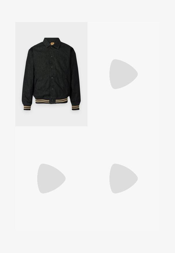 Schwarze Jeansjacke mit Knopfverschluss, gerippten Bündchen und elastischem Saum. Verfügt über einen Kragen und Seitentaschen.; Langärmeliges, cremefarbenes, geripptes T-Shirt mit der Stickerei "DODGE DEMON" auf der Vorderseite und Grafiken auf dem rechten Ärmel. Weiche Textur.; Dunkelblaue Denim-Jeans mit geraden Beinen, die ein klassisches Fünf-Taschen-Design, kontrastierende Nähte und ein kleines farbiges Etikett an der Seite aufweisen.; Schwarze Sneakers aus synthetischem Material mit einer strukturierten schwarzen Sohle, rundem Zehenbereich und flachen schwarzen Schnürsenkeln. Auffälliges weißes Logo auf der Außenseite.