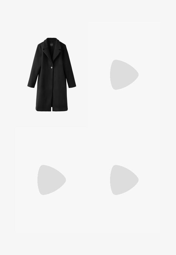 Manteau long en laine noir à un seul bouton, avec larges revers et manches droites, présenté à plat sur fond blanc.; Veste zippée noire à manches longues avec col haut, fermeture éclair frontale sur toute la longueur et design ajusté.; Jean noir droit avec cinq poches, fermeture à boutons et passants pour ceinture, taille 38.; Baskets en cuir noir avec des rayures blanches et une semelle blanche, lacées, flottant au-dessus d'une surface en béton rosée avec un mur en pierre grise en arrière-plan.