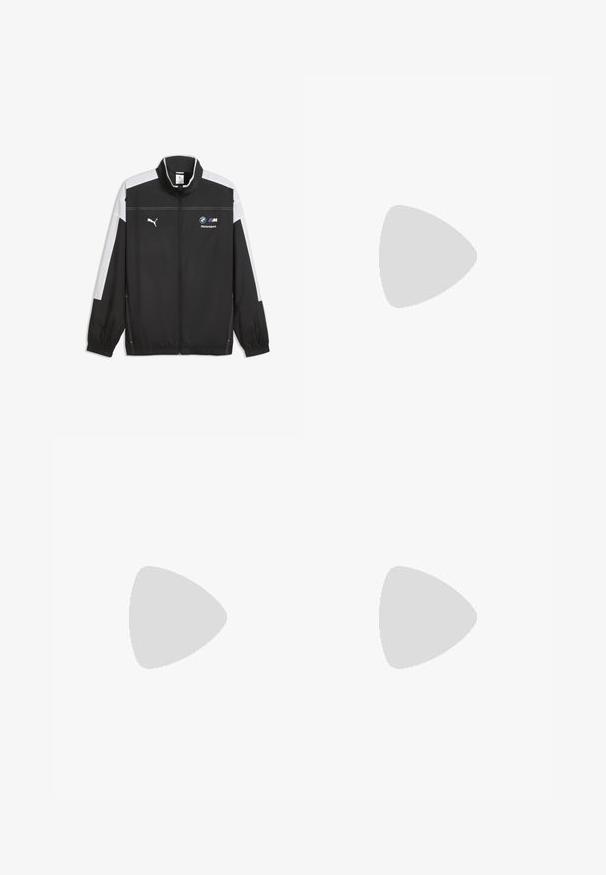 Sort/hvid langærmet jakke med lynlås med Puma-logo på venstre bryst og BMW Motorsport-logo på højre bryst.; Sort Puma sportstrøje med korte ærmer, hvidt logo, røde detaljer langs skuldrene og v-udskæring. Fremstillet af letvægtsmateriale.; Lyscremede atletiske bukser med elastisk talje, sidelommer og farverige accenter i gul og pink. Reflekterende logo foran.; Hvid fodboldstøvle med sort stribe, støbte knopper, snørebånd og en velcro-tungeklap med gyldne logoer.