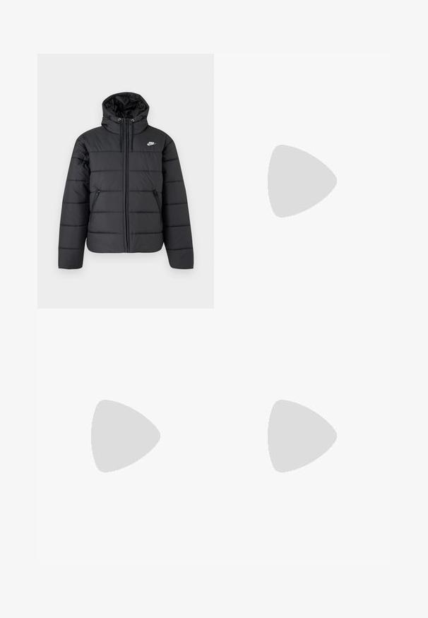 Musta tikattu Nike-toppatakki hupulla, etuvetoketjulla, kahdella sivuvetoketjutaskulla ja valkoisella Nike-logolla rinnassa.; Vaaleanharmaa huppari, joka on valmistettu pehmeästä kankaasta. Siinä on kengurun tasku, kiristysnauhallinen huppu ja pieni valkoinen logo rinnassa.; Harmaat housut sileästä kankaasta, suoran lahkeen muotoilu, nappisulku ja vyölenkit; minimaalinen saumaus eikä kuvioita.; Mustat Nike Air Max -lenkkarit, joissa on teksturoidusta nahasta valmistettu päällinen, kumipohja ja näyttävä nauhoitusjärjestelmä, joka korostaa tyylikästä ja modernia muotoilua.