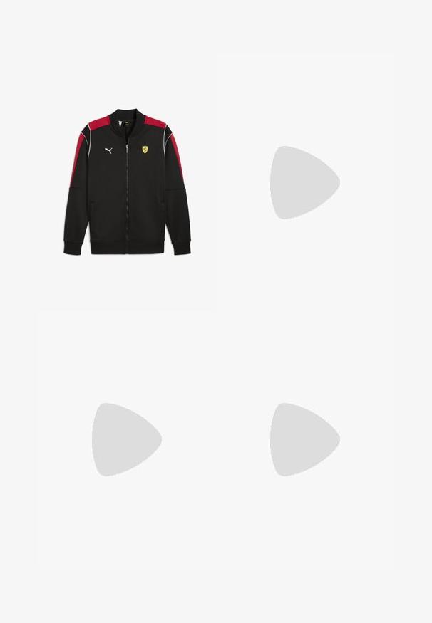 Chaqueta negra con cremallera y acentos rojos, costuras blancas y logo de Puma; presenta el emblema de Ferrari en el pecho y dos bolsillos laterales.; Camiseta deportiva negra de Puma con mangas cortas, logo blanco, acentos rojos en los hombros y cuello en forma de V. Fabricada con material ligero.; Pantalones deportivos negros con paneles laterales verdes con estampado y una cintura elástica, con un logo blanco de Puma en el lado derecho.; Botas de fútbol negras con material texturizado, logo blanco de Puma, sistema de cierre con cordones y tacos de metal para mejorar la tracción. El diseño enfatiza el rendimiento y el soporte.