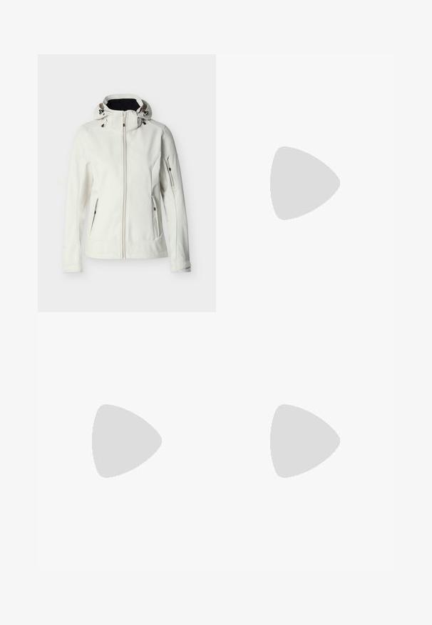 Chaqueta softshell blanca para mujer con capucha, cremallera frontal, dos bolsillos laterales con cremallera y un bolsillo con cremallera en la manga izquierda, mostrada extendida sobre un fondo blanco.; Camiseta blanca de manga corta con cuello redondo y pequeño logo "The North Face" color burdeos en la parte superior izquierda del pecho.; Pantalones verde oliva hechos de una tela suave con cintura elástica, cordón ajustable y puños elásticos en los tobillos.; Zapato de escalada negro con punta afilada, doble correa de Velcro, acentos en verde esmeralda y suela de goma texturizada para un mejor agarre.