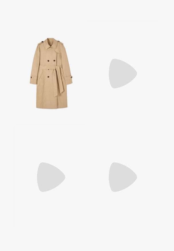 Beige dobbelt-breasted trenchcoat med bælte, skulderstropper, krave og knaplukninger på ærmerne, lagt fladt på hvid baggrund.; Hvid langærmet skjorte med horisontale marineblå striber og rund hals, lagt fladt på en hvid baggrund.; Sorte skræddersyede bukser lavet af glat stof. Har flad front, sidelommer og en slim fit design. Rent, minimalistisk stil.; Sorte læderballetsko med rund tå, slank sløjfedetalje foran og elastisk kant for en sikker pasform. Flad sål for komfort.