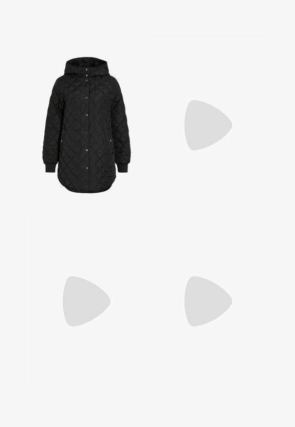 Chaqueta negra acolchada con capucha, que presenta un cierre de botón, puños canalé y un dobladillo más largo. La tela es suave con un acabado mate.; Suéter negro de manga larga tipo crewneck con puños y dobladillo acanalados, presentado sobre un fondo gris claro liso.; Pantalones cargo marrones hechos de una tela resistente, con múltiples bolsillos, un corte relajado y detalles de costura prominentes para mayor durabilidad.; Zapatilla deportiva de cuero negro con tres rayas plateadas, punta texturizada y suela de goma. Cuenta con un collar acolchado y un diseño con cordones.