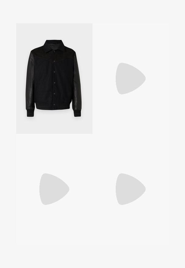 Veste noire avec un corps en laine et des manches en cuir. Comprend un devant à boutons, des poches latérales et des poignets et un ourlet côtelés. Texture lisse dans l'ensemble.; Polo shirt blanc en coton doux, avec des manches courtes, un col classique, une patte de boutonnage à deux boutons et un logo discret sur la poitrine.; Jean en denim bleu clair avec une coupe droite, comportant cinq poches, un zip et un léger délavage sur l'ensemble du tissu.; Baskets basses noires à lacets avec panneaux en cuir et suède, semelle plate et logo BOSS sur le côté.