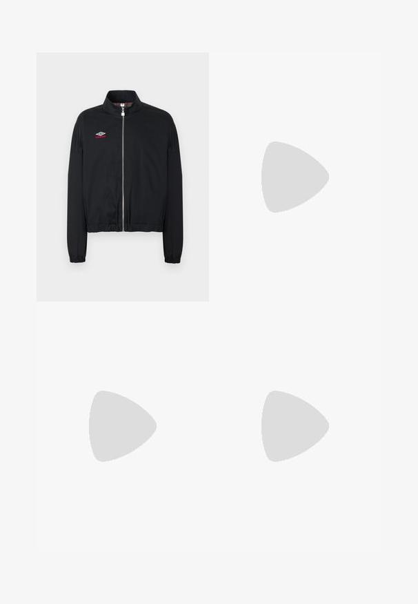 Veste zippée noire avec poignets et ourlet élastiques, dotée d'un col montant et du logo Umbro blanc et rouge sur le côté gauche de la poitrine.; Polo de sport gris foncé à manches courtes avec col noir, rayures verticales, liseré blanc sur les épaules et logo texte blanc "CORE ARCHIVE SPORTS".; Jean denim bleu clair à jambes larges avec une finition délavée. Comprend un design standard à cinq poches et une fermeture à bouton métallique.; Mocassins en cuir noir avec un bout arrondi, des coutures ton sur ton et un détail de sangle à l'avant. Semelle en caoutchouc avec un petit talon.