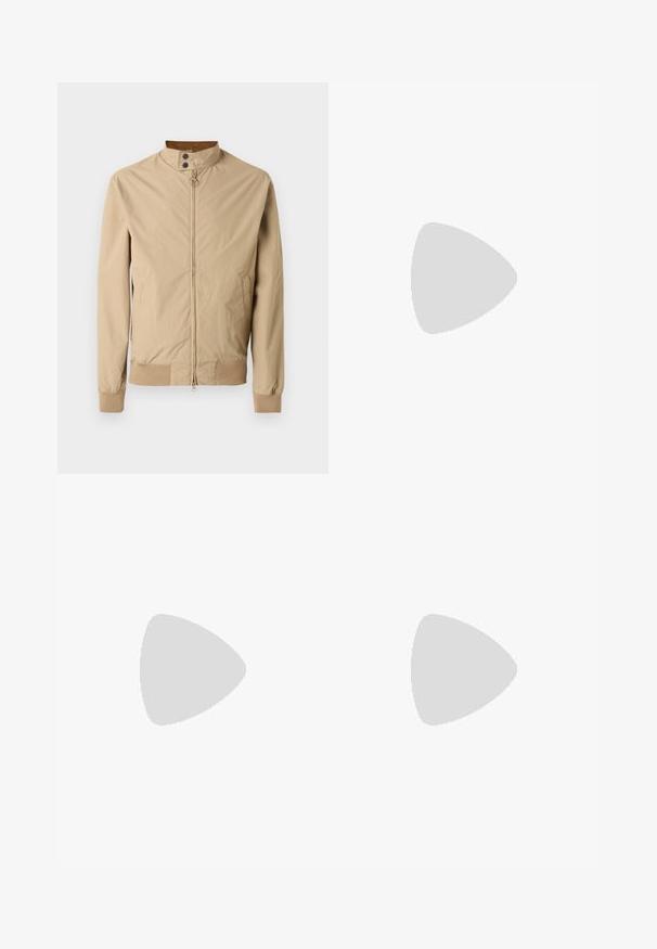 Veste légère beige à fermeture éclair avec col montant, boutons-pression, deux poches latérales et poignets et ourlet côtelés.; Pull en maille vert olive pour homme avec manches longues, fermeture éclair half-zip à l'avant, col bordé de blanc, et finitions côtelées aux poignets et à l'ourlet.; Jean en denim bleu foncé avec fermeture par boutons, cinq poches, légère décoloration aux cuisses et coupe droite.; Chaussure en daim marron avec un bout arrondi, des coutures décoratives et six œillets de lacets contrastants. Semelle plate et design minimaliste.