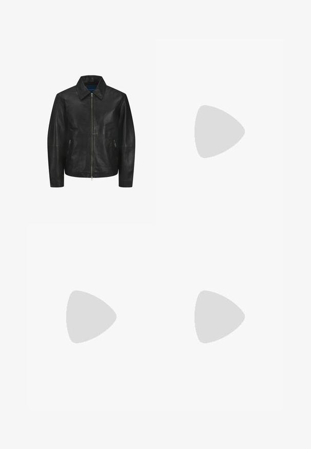Veste en cuir noir au texture lisse, avec un col, fermeture éclair à l'avant et deux poches zippées sur les côtés. Design simple et structuré.; Débardeur blanc sans manches avec col rond et étiquette de la marque Weekday à l'intérieur du col arrière, présenté à plat sur un fond clair.; Des jeans en denim noir à jambe large présentent une taille haute, un design à cinq poches et une fermeture à bouton. Le tissu a une finition douce et texturée.; Mocassin en cuir noir avec une large sangle sur le devant, semelle en caoutchouc à épaisse rainure, et texture lisse. Design classique et élégant.