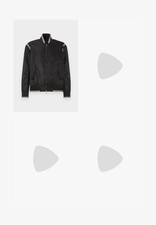 Veste bomber noire en nylon brillant, avec des accents crème rayés sur le col et les poignets, dotée de deux poches latérales et d'une fermeture éclair frontale.; T-shirt noir à manches courtes avec col rond, comportant un logo aigle en relief discret sur la poitrine et une étiquette de marque à l'intérieur du col.; Jeans en denim bleu moyen avec une coupe droite, présentant des décolorations légères et des patches usés. Design classique à cinq poches et fermeture par bouton supérieur.; Baskets en toile blanches avec une semelle en caoutchouc texturée, présentant un capuchon de chaussure cousu et un accent de logo sur le talon. Design simple à lacets.