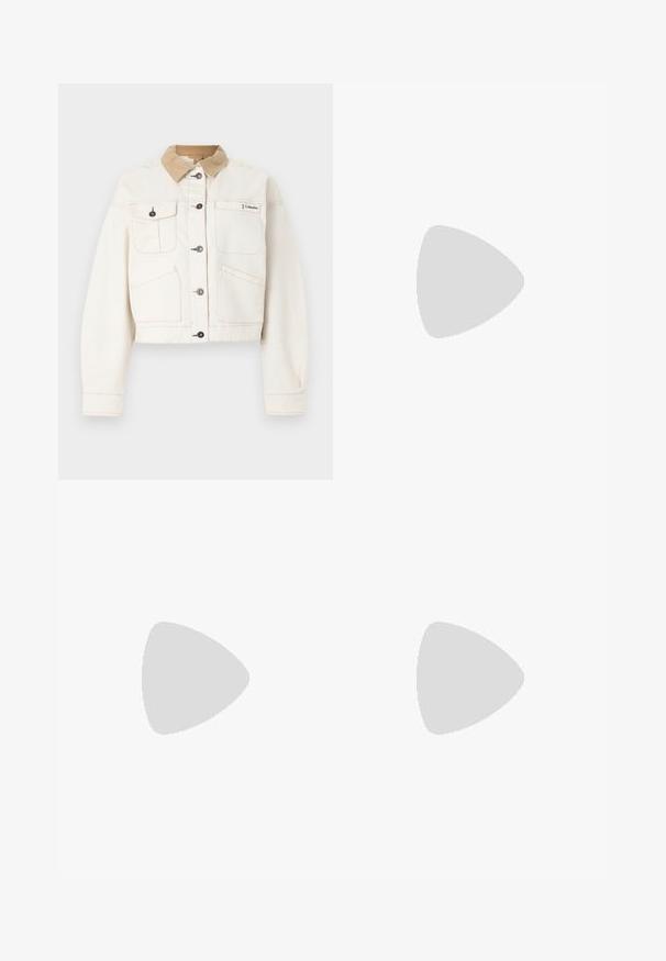 Veste crème boutonnée avec col en velours côtelé marron clair, quatre poches avant et logo Columbia sur le côté droit supérieur de la poitrine.; Cardigan blanc côtelé à manches courtes avec boutons sur le devant, encolure ronde, bordure grise aux manches et à l'ourlet, et petit logo Columbia sur la poitrine.; Jupe trapèze marron clair avec une ceinture noire ajustable, faite en tissu lisse, présentée à plat sur un fond blanc.; Baskets noires et beiges avec une bride en velcro, trois bandes blanches sur le côté, et une semelle en caoutchouc marron texturée. Logo de la marque visible.