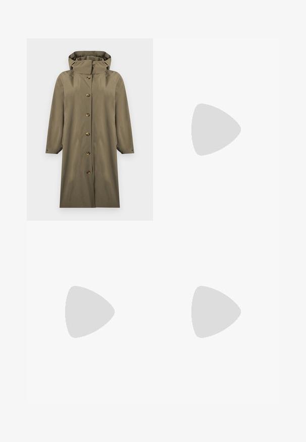 Imperméable long vert olive à capuche avec fermeture à boutons sur le devant et manches longues, présenté sur un fond blanc.; Pull en tricot vert olive avec un motif de feuilles en crème. Ourlet et poignets côtelés, col rond et coupe décontractée. Design de tissu texturé.; Pantalon vert olive à jambes droites avec passants pour ceinture, fermeture à boutons à l'avant et poches latérales sur fond blanc.; Baskets noires et beiges avec une bride en velcro, trois bandes blanches sur le côté, et une semelle en caoutchouc marron texturée. Logo de la marque visible.