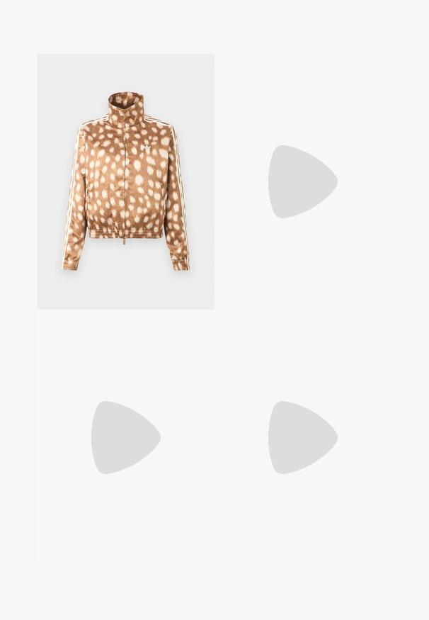 Brown zip-up jacket with white spotted pattern, high collar, elastic cuffs, and white Adidas stripes on sleeves.; White cotton t-shirt with black accents, features a crew neck, short sleeves, three black stripes on shoulders, and "adidas" logo in black.; Olive green track pants with elastic waistband, side pockets, yellow side stripes, and small trefoil logo on the front.; Beige suede sneaker with silver accents, three lateral stripes, rubber gum sole, and textured detailing on the toe and heel.