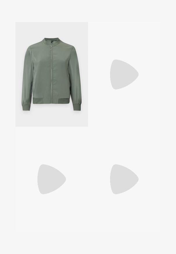Veste bomber vert clair avec fermeture éclair à l'avant, col, poignets et ourlet côtelés, présentée sur un fond uni.; Combinaison noire avec encolure carrée, bretelles, ceinture ajustable à la taille et design à jambes larges. Matériau doux avec une texture lisse.; Baskets montantes noires avec semelles et lacets en caoutchouc blanc. Dotées d'un patch logo rond et de surpiqûres blanches contrastantes. Matière en toile.; Even&Odd Lunettes de soleil - black