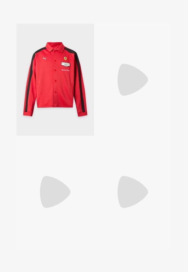 Veste rouge à manches longues Puma avec des bandes noires sur les manches, logo Ferrari sur la poitrine, boutons-pression et poches avant.; T-shirt blanc à manches courtes col rond avec un petit logo Puma noir sur la poitrine gauche sur un fond clair.; Pantalon de sport noir avec un motif subtil, des bandes blanches sur les côtés, une taille élastique et un logo Puma blanc sur le haut de la cuisse.; Bottes de football noires avec un matériau texturé, logo Puma blanc, fermeture à lacets et crampons en métal pour l'adhérence. Le design met l'accent sur la performance et le soutien.