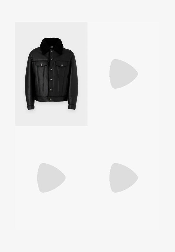 Veste en cuir noir avec un col en fourrure noire, boutons-pression sur le devant et deux poches sur la poitrine. Présente des détails de couture verticaux.; Haut à col roulé noir à manches longues en tissu doux et lisse, avec une coupe décontractée et sans motifs ni accents visibles.; Jean en denim bleu foncé avec une coupe droite, un design classique à cinq poches et des coutures orange contrastantes. Comprend une fermeture à bouton en métal.; Mocassin homme en cuir noir avec couture moc toe, bride penny, col texturé et petit talon empilé sur fond blanc.