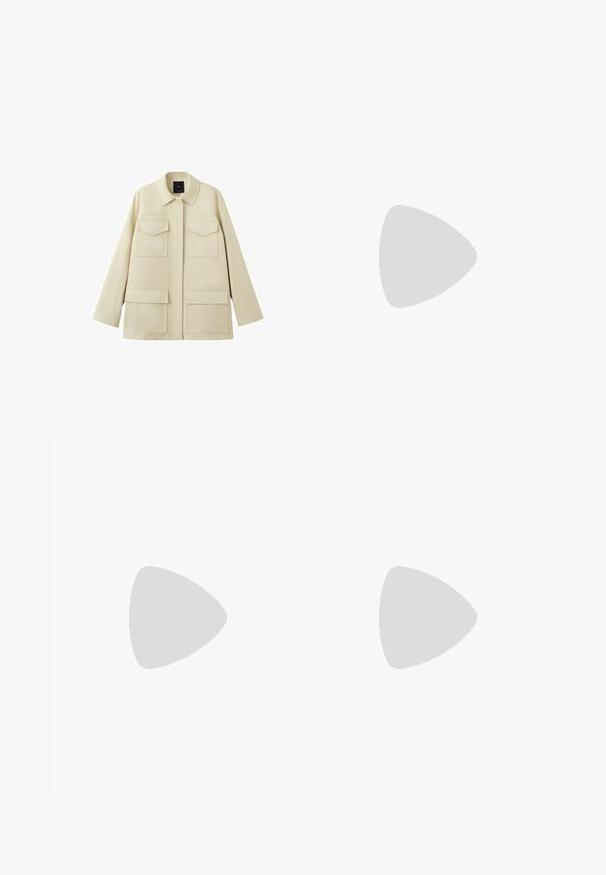 Veste beige à manches longues avec quatre poches à rabat sur le devant et un col classique, présentée sur un fond blanc.; Débardeur sans manches en coton blanc avec encolure ronde et un design simple et uni.; Pantalon ample couleur ivoire avec taille élastique et poches latérales, fabriqué dans un tissu doux et lisse.; Baskets en cuir blanc avec des rayures noires, semelle extérieure en caoutchouc beige, bout rond, fermeture lacée et embout en suède gris doux.