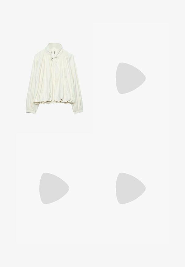 Veste légère blanche avec col montant, fermeture éclair à l'avant, détails à cordon au niveau du cou, poignets élastiques et ourlet froncé.; Haut blanc sans manches à encolure américaine, avec un profond col rond et une taille cintrée, présenté sur un fond clair et uni.; Jupe évasée blanche avec un ourlet volé, texture lisse et taille élastique. Le matériau semble léger et respirant.; Baskets en maille blanche avec un design à trois bandes noires, bout arrondi et semelle en caoutchouc gomme. Dotées d'un col de talon souple et d'une fermeture à lacets.