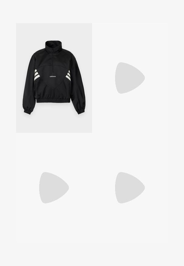 Zwarte Adidas pulloverjas met halve rits, witte zijstrepen, elastische manchetten en elastische zoom op effen achtergrond.; Witte cropped top met lange mouwen, ronde hals en klein zwart Adidas-logo gecentreerd onder de halslijn.; Witte sportbroek met een relaxte pasvorm, elastische tailleband en zwarte zijkanten. Voorzien van ritszakken en elastische boorden bij de enkels.; Synthetische sportschoen in limoengroen met een gladde textuur, voorzien van drie witte strepen, een zachte binnenvoering en een gestructureerde rubberen buitenzool.