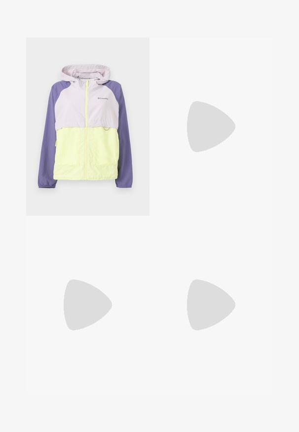 Χρωματιστό μπουφάν Columbia με ανοιχτό μωβ κουκούλα και πάνω μέρος σώματος, μανίκια σε λιλά και κάτω μέρος σώματος και τσέπες σε ανοιχτό κίτρινο, με κλειστό φερμουάρ μπροστά.; Καφέ κοντομάνικο T-shirt με λαιμόκοψη και το λογότυπο The North Face τυπωμένο σε λευκό πάνω αριστερά στο στήθος.; Καφέ φόρμες με ελαστική μέση και μανσέτες, διαθέτοντας ένα μικρό λογότυπο σε λευκό στο ισχίο. Μαλακή, απλή υφή.; Μαύρο και μπεζ αθλητικό παπούτσι με λουράκι βέλκρο, τρεις λευκές ρίγες στο πλάι και υφασμένη καφέ πατούσα από καουτσούκ. Ορατό το λογότυπο της μάρκας.