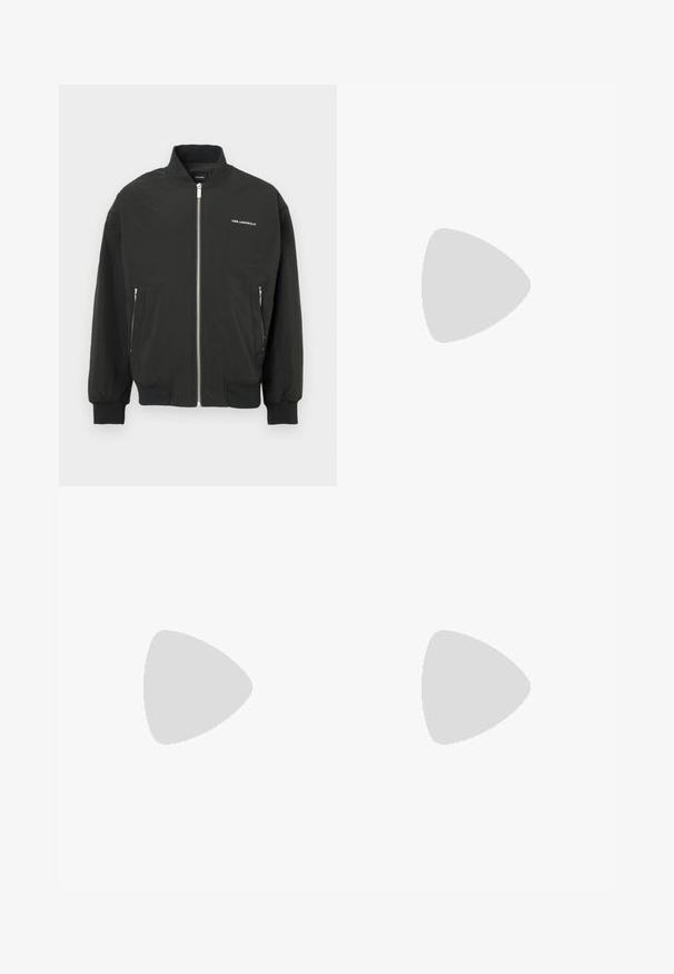 Veste bomber noire avec fermeture éclair à l'avant, deux poches latérales, poignets et ourlet côtelés, avec le logo blanc "KARL LAGERFELD" sur la poitrine.; T-shirt noir à manches courtes et col rond avec un logo subtil Calvin Klein Jeans sur la poitrine et une étiquette à l'intérieur de l'encolure.; Pantalons de jogging noirs en tissu léger, dotés d'une taille élastique avec cordons de serrage réglables et poches latérales. Texture lisse.; Baskets en cuir noir avec lacets et logo "ck" en relief flottant au-dessus d'un sol gris près d'un mur en verre brique.