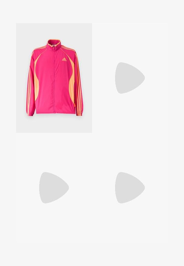 Φωτεινό ροζ αθλητικό μπουφάν Adidas με ροδακινί πλαϊνές λωρίδες, ροδακινί ρίγες στα μανίκια, ελαστικά μανσέτα και φερμουάρ στο μπροστινό μέρος.; Λευκή πόλο μπλούζα με μακρύ μανίκι, μαύρο γιακά, μαύρα μανσέτα, μαύρο σχέδιο με τρεις ρίγες στα μανίκια και μαύρο λογότυπο Adidas στο στήθος.; Κόκκινες αθλητικές παντελόνες με άνετη εφαρμογή, ελαστική μέση, μαύρες λωρίδες στο πλάι και λευκή λεπτομέρεια κατά μήκος των ποδιών. Λογότυπο Adidas στο γοφό.; Χαμηλού προφίλ μπεζ αθλητικό παπούτσι Adidas Spezial με πράσινες ρίγες, σόλα από καουτσούκ και την επωνυμία "SPEZIAL" στην πλευρά, εμφανίζεται από την εξωτερική πλευρά.