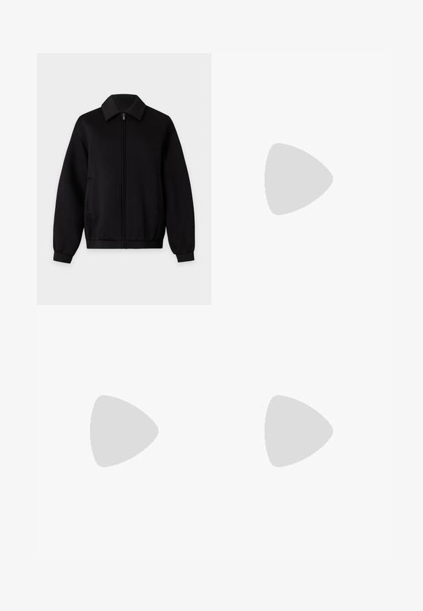 Veste noire zippée avec manches longues, col, poches latérales et poignets et ourlet côtelés, présentée sur un fond clair uni.; Haut en tricot noir à manches longues, ajusté, avec une texture transparente et un col uni, patte de boutonnage à l'avant, présenté sur un fond uni.; Jean noir taille haute à jambe droite avec poches avant, passants de ceinture, fermeture par bouton et coutures blanches visibles sur un fond uni.; Bottes noires à la cheville en cuir lisse, dotées d'un bout pointu, d'un tige ajustée et d'un talon haut fin. Design minimaliste sans quincaillerie visible.
