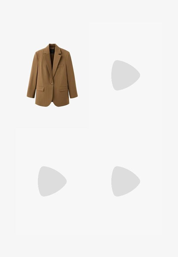 Blazer marron à bouton unique avec fines rayures, revers crantés, deux poches avant à rabat et une poche poitrine passepoilée.; Chemise marron à manches longues avec boutons et rayures verticales blanches, dotée d'une poche poitrine, posée à plat sur un fond blanc.; Jupe noire trapèze à taille haute avec ourlet évasé, fabriquée en tissu lisse, présentée sur fond blanc.; Talons slingbacks en cuir verni marron avec un bout pointu, un talon fin et une bride réglable. Texture lisse et finition brillante.