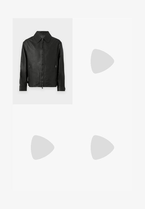 Veste en cuir noire avec col à revers, fermeture éclair à l'avant, poches latérales zippées et manches longues avec détails aux poignets.; Chemise noire à manches longues avec col rond, coupe simple et ample, présentée à plat sur un fond gris clair.; Pantalon en jean gris avec grandes poches plaquées sur les cuisses avant et des détails subtils délavés et usés sur les genoux et le haut des jambes.; Mocassins en cuir noir avec une finition lisse, un bout rond, un petit talon et descoutures décoratives à l'avant. Semelle en caoutchouc pour l'adhérence.