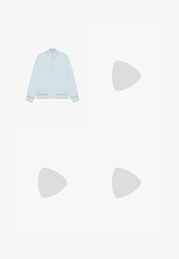 Veste bomber bleu clair avec boutons-pression, col, poignets et ourlet côtelés rayés blanc et bleu, et deux poches avant.; T-shirt en coton blanc avec un col rond, des manches courtes et un petit logo sur la poitrine gauche. Texture lisse, coupe classique.; Pantalon beige coupe droite pour homme avec fermeture par bouton et zip, passants de ceinture et poches avant, présenté sur un fond blanc uni.; Sneaker blanche avec des accents beiges, présentant un dessus texturé, un bout rond et une semelle en caoutchouc épaisse. Le design inclut le logo V iconique et le branding.