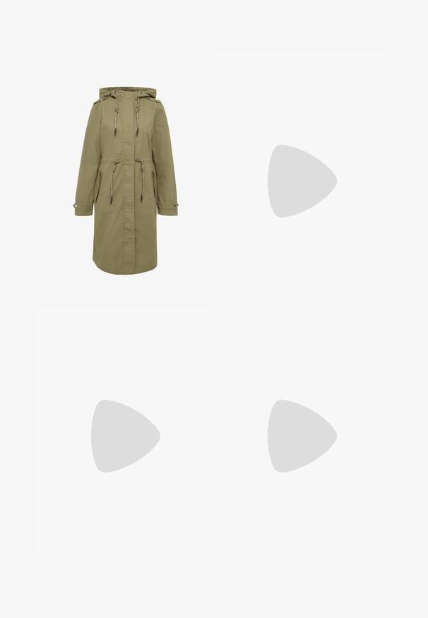 Olivgrüner Parka mit Kapuze und Zugbändern, ausgestattet mit zwei Seitentaschen, geknöpften Manschetten und einer taillierten Silhouette für eine verstellbare Passform.; Beiger Hoodie mit Fronttasche, gerippten Bündchen und Kordelzugkapuze. "PECADOR PGDR" Schriftzug auf dem Taschenbereich.; Even&Odd Tall Cargohose - beige; Weißes und beiges Sneaker mit Netzpaneelen, runder Zehenpartie, dicke Sohle und Schnürdesign. Verfügt über strukturierte Akzente und gemusterte Profilsohle.