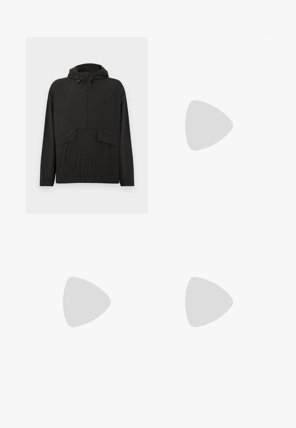 Veste imperméable noire avec capuche, fermeture à glissière partielle à l'avant, poignets élastiqués et deux poches avant. Texture lisse et coupe décontractée.; T-shirt blanc uni à manches courtes et col rond avec petit logo rouge "HUGO" sur la poitrine gauche et une étiquette rouge à l'intérieur du col.; Jean droit en denim bleu clair avec fermeture par bouton et zip, poches avant et arrière, et passants de ceinture à la taille.; Bottine en cuir noir à talon bas, couture latérale et petit logo "HUGO" sur le revers supérieur sur un fond uni.